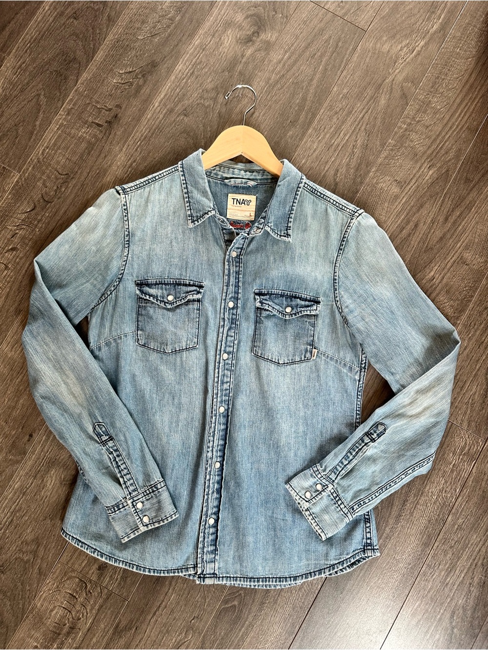 TNA Light Blue Denim Shirt with Pearl Snap Buttons